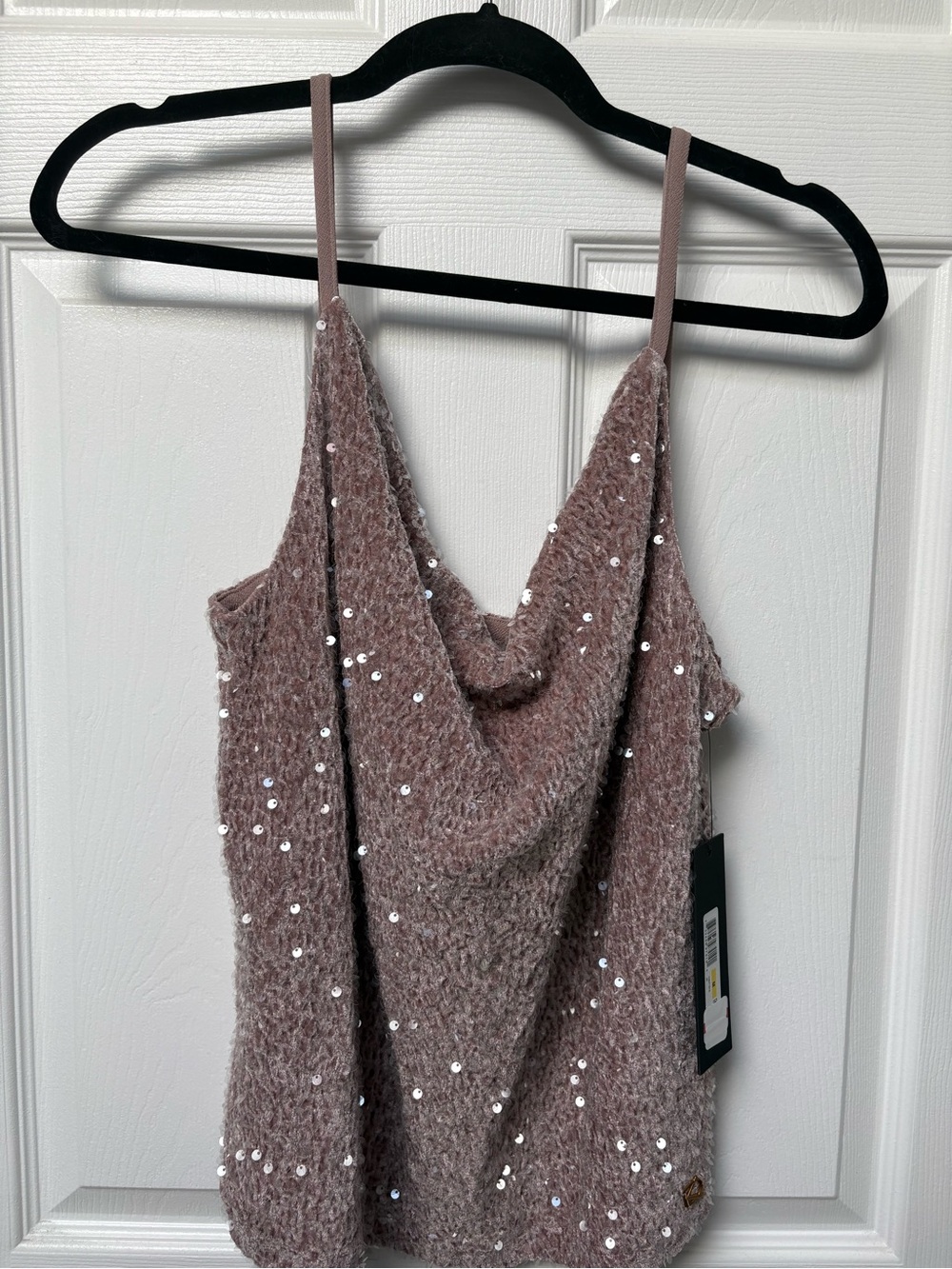 Donna Karan Mauve Sequin Knit Cowl Neck Tank Top